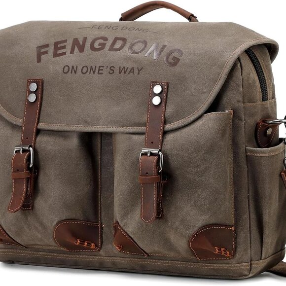 Mens Messenger Bag 15.6 Inch Vintage Waxed Canvas Genuine Leather Briefcase Leat - Picture 1 of 6